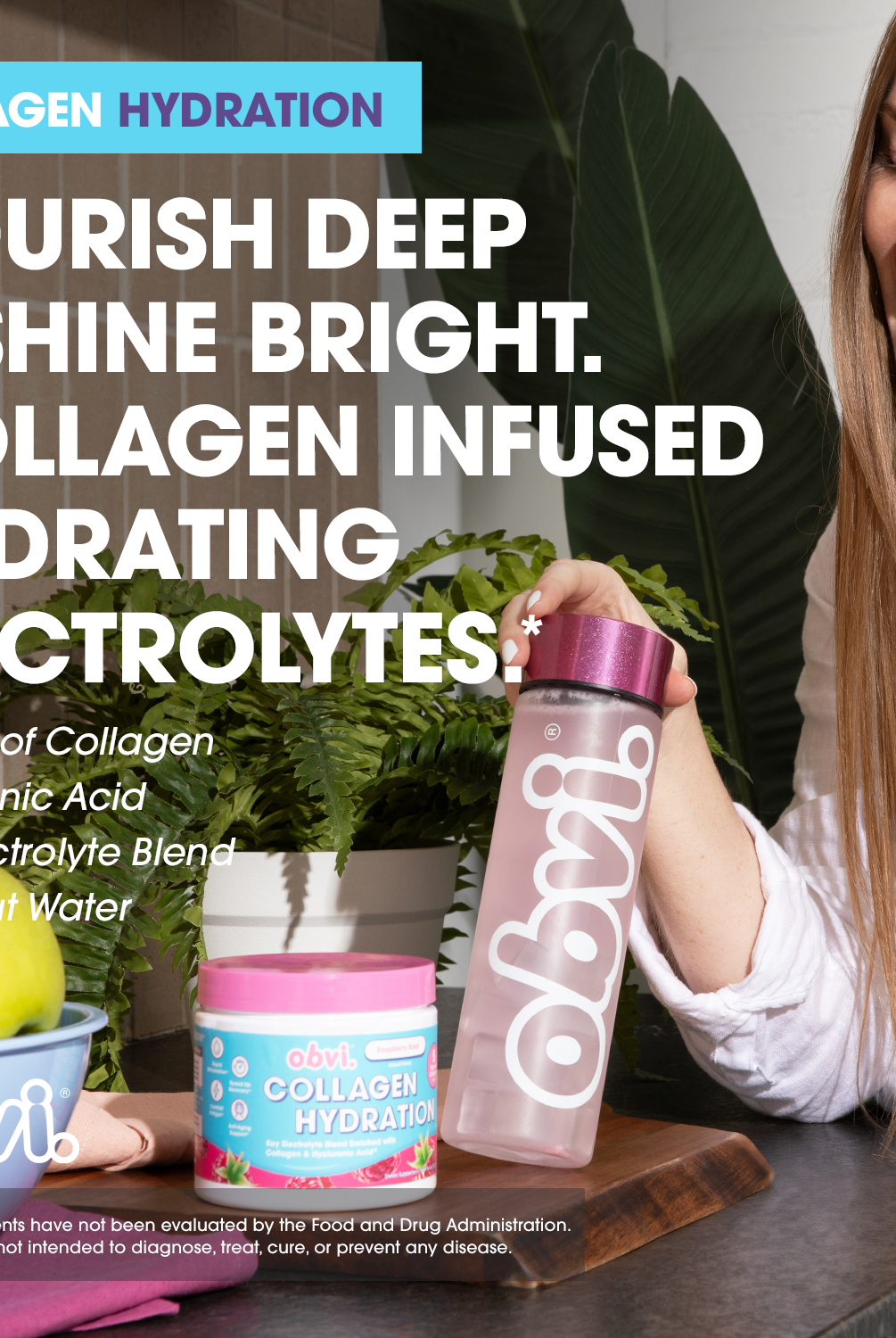 Woman smiling with Obvi Hydration Raspberry Rose bottle and supplement jar, promoting collagen-infused electrolytes for deep hydration and glow.