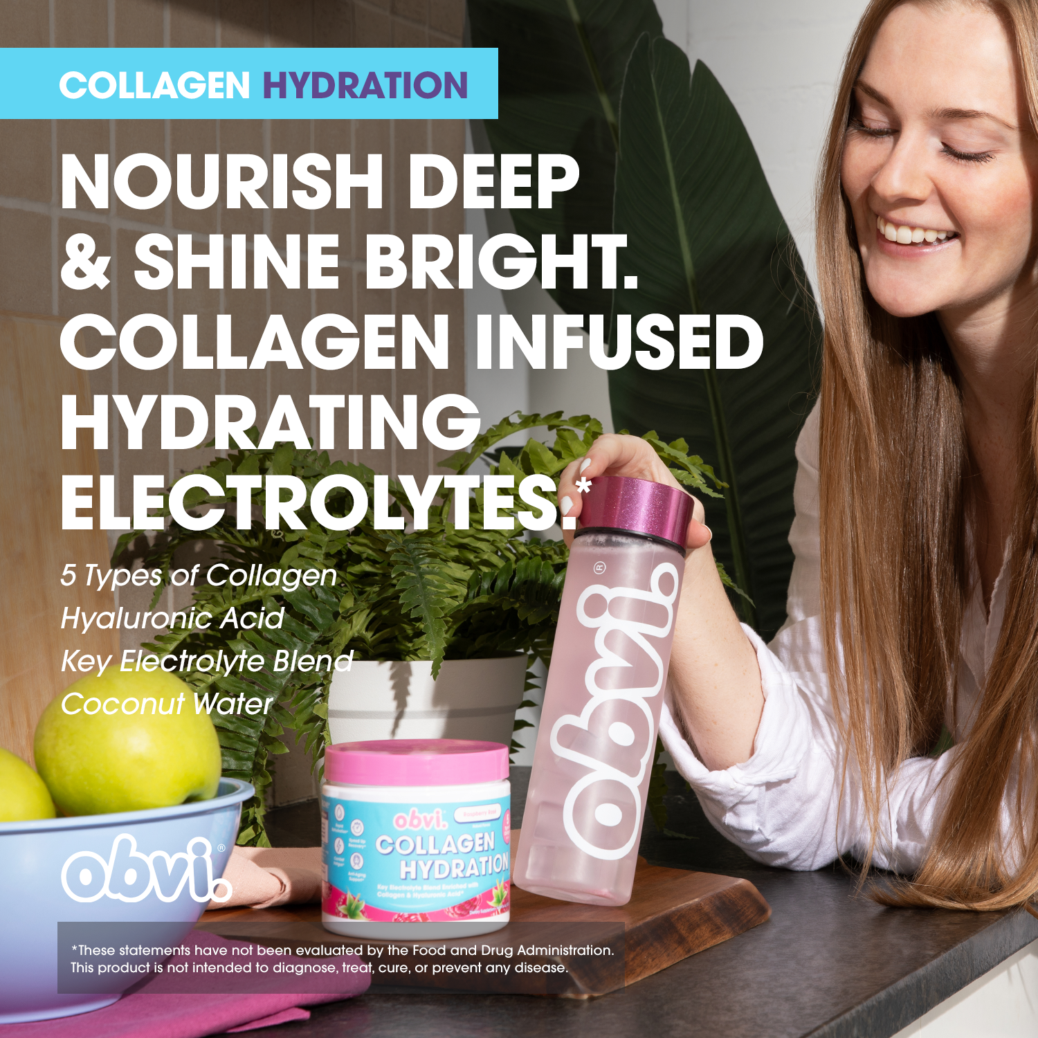 Woman smiling with Obvi Hydration Raspberry Rose bottle and supplement jar, promoting collagen-infused electrolytes for deep hydration and glow.