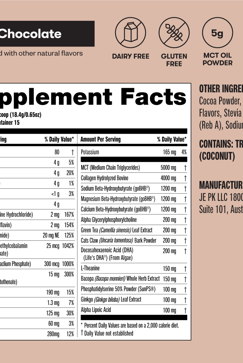 Supplement facts label for Perfect Keto Nootropic Chocolate, detailing ingredients like MCT oil, L-theanine, and B vitamins for cognitive support.