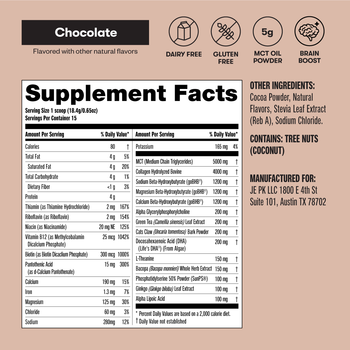 Supplement facts label for Perfect Keto Nootropic Chocolate, detailing ingredients like MCT oil, L-theanine, and B vitamins for cognitive support.