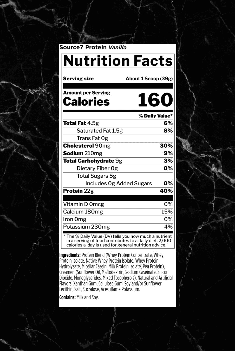 Nutrition facts for Rule1 SOURCE 7 Protein Vanilla flavor, listing 160 calories and 22g protein per 39g scoop with detailed ingredient breakdown.