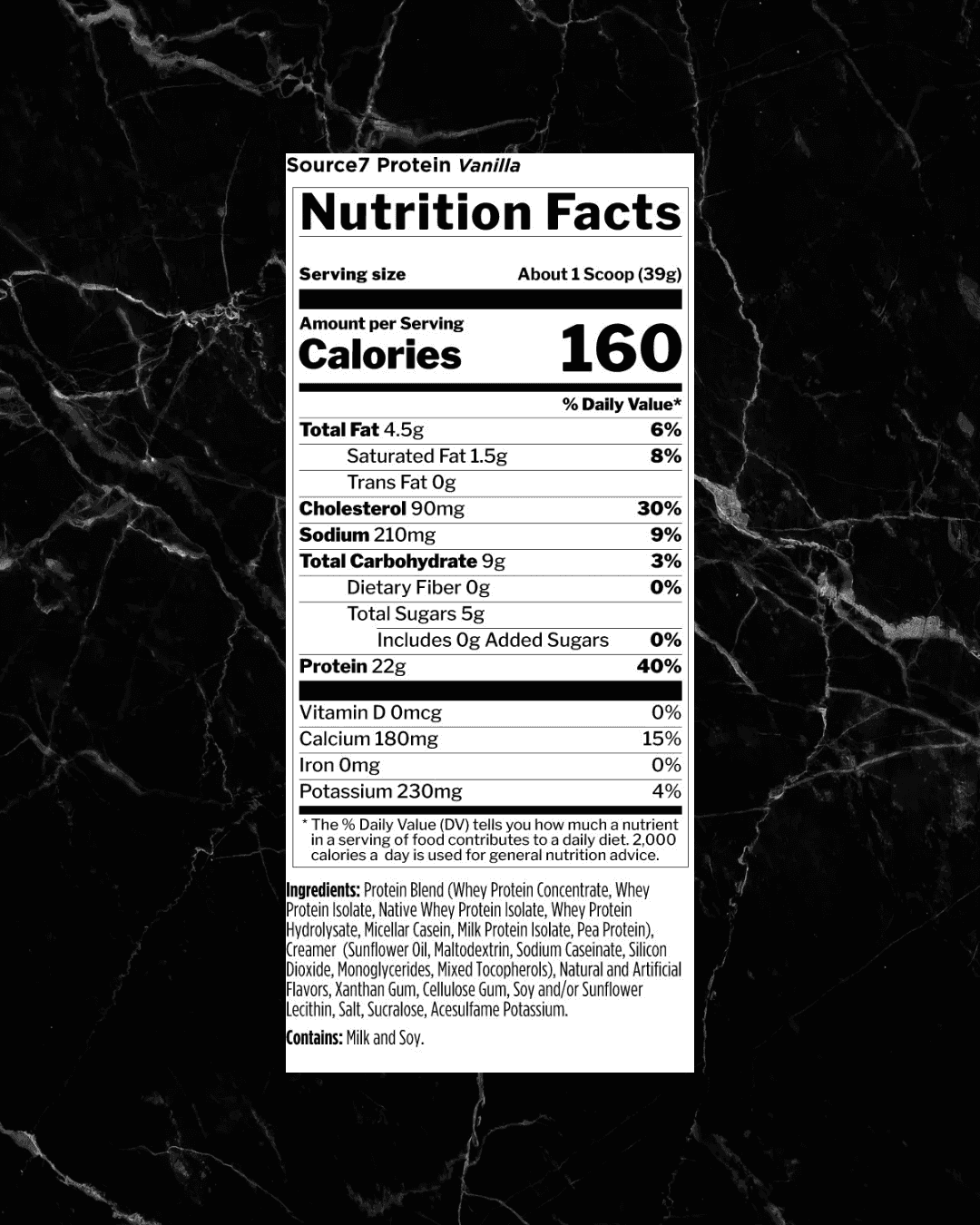 Nutrition facts for Rule1 SOURCE 7 Protein Vanilla flavor, listing 160 calories and 22g protein per 39g scoop with detailed ingredient breakdown.