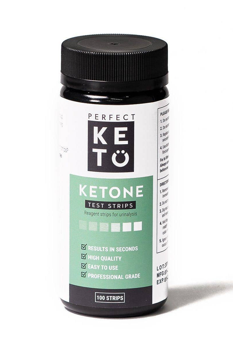 Perfect Keto Ketone Test Strips bottle on white background. Easy-to-use strips for measuring ketosis levels in seconds.