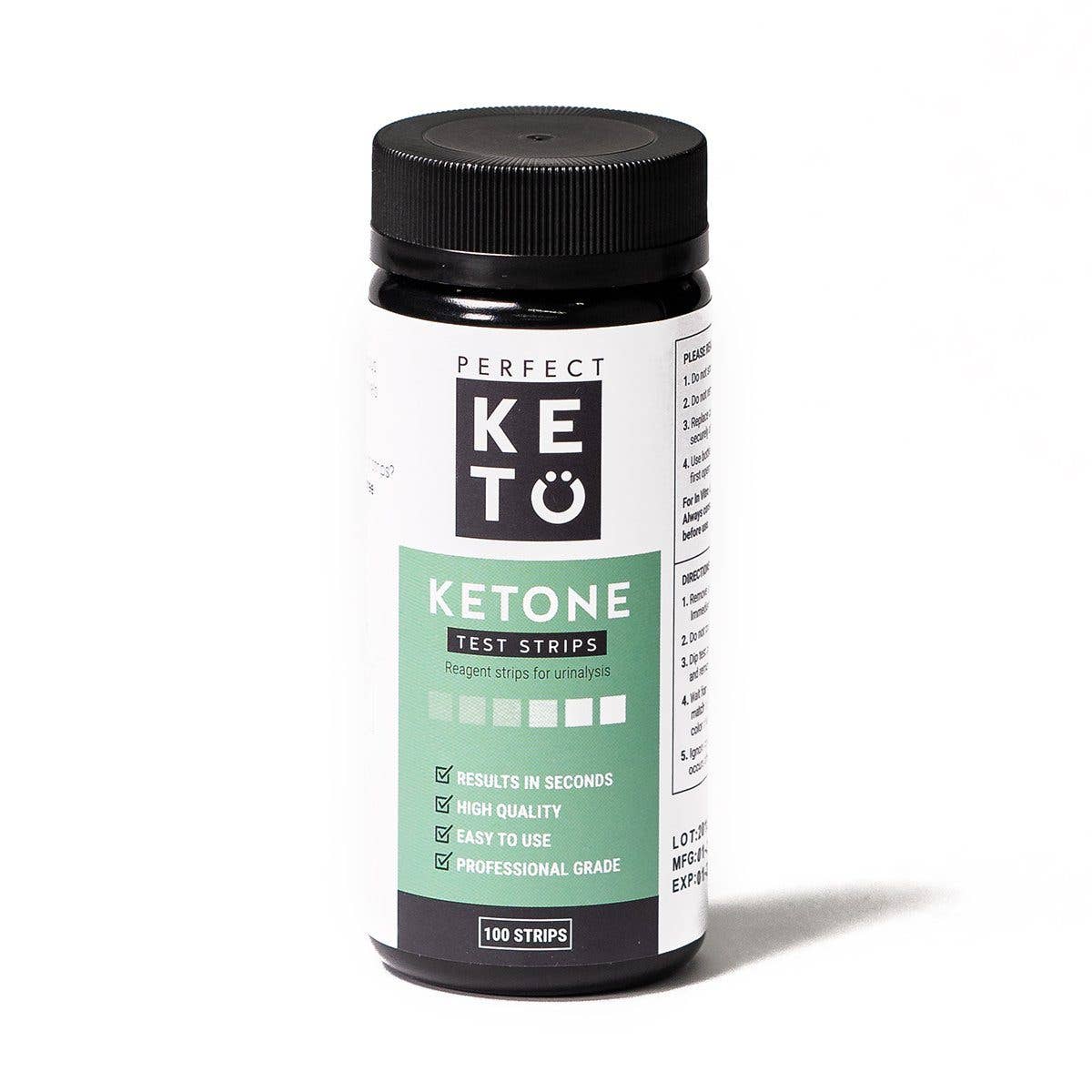 Perfect Keto Ketone Test Strips bottle on white background. Easy-to-use strips for measuring ketosis levels in seconds.