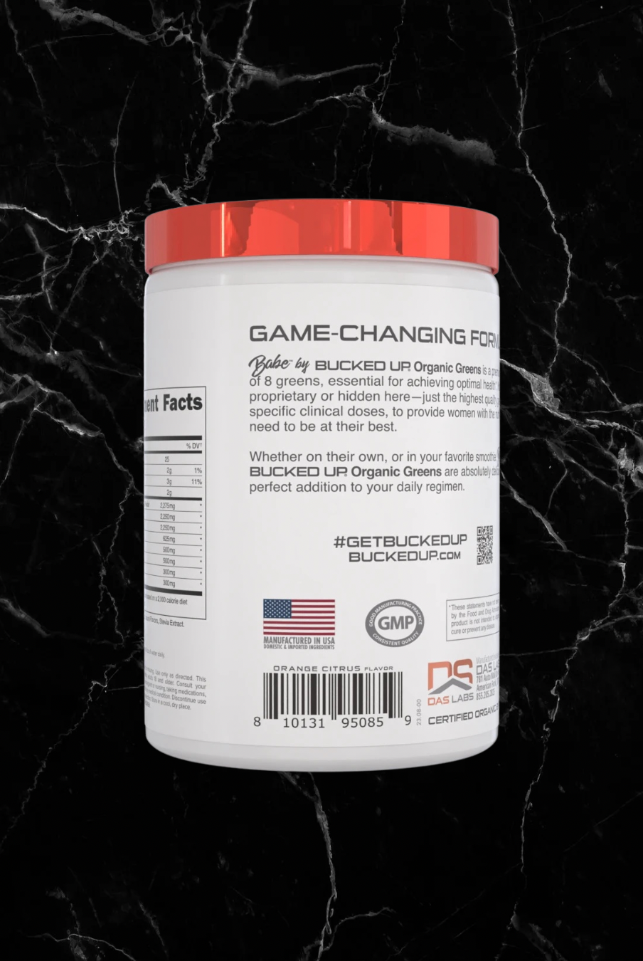 Side label of Babe Organic Greens - Orange Sunrise showing product description, certifications, and manufacturer details for health-conscious buyers.