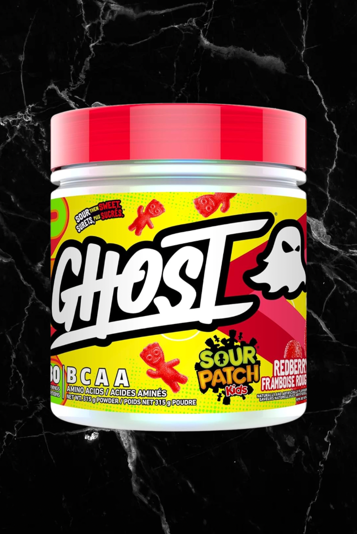 GHOST BCAAs Sour Patch Kids Redberry flavor featuring 7G vegan BCAAs, sugar-free and soy-free, in a bold red and yellow tub.