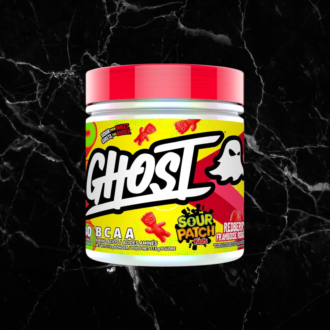GHOST BCAAs Sour Patch Kids Redberry flavor featuring 7G vegan BCAAs, sugar-free and soy-free, in a bold red and yellow tub.