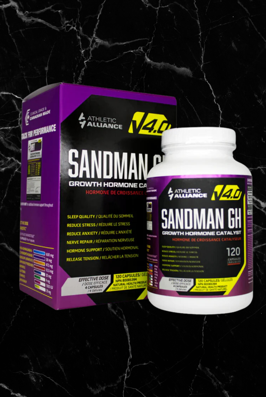 Athletic Alliance Sandman GH Growth Hormone Catalyst supplement bottle and box. Muscle supplements for sleep quality and muscle recovery support.