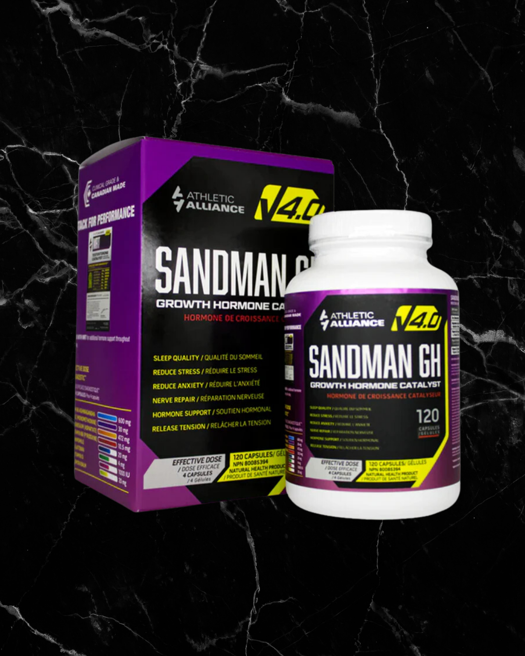 Athletic Alliance Sandman GH Growth Hormone Catalyst supplement bottle and box. Muscle supplements for sleep quality and muscle recovery support.