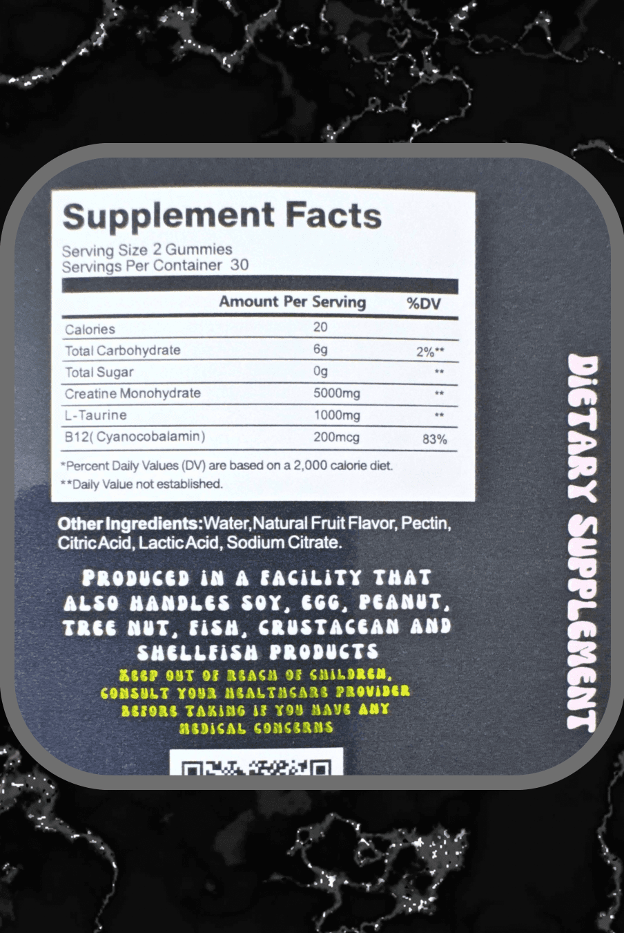 Supplement facts label for BulkBully Strawberry Creatine Gummies listing creatine monohydrate, L-Taurine, B12, and other ingredients.