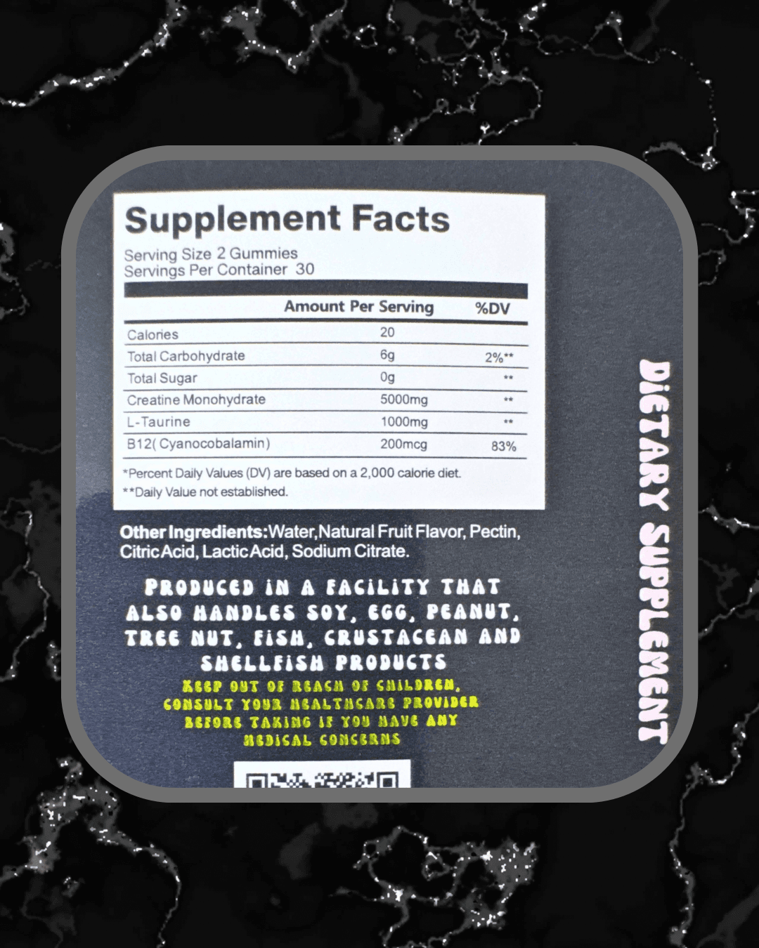 Supplement facts label for BulkBully Strawberry Creatine Gummies listing creatine monohydrate, L-Taurine, B12, and other ingredients.