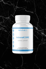 Revive AdrenalCORE stress support supplement bottle with white label and blue accents, designed to boost vitality and adrenal health.