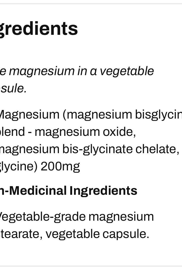 Ingredients list for Magnesium Bis Glycinate 200