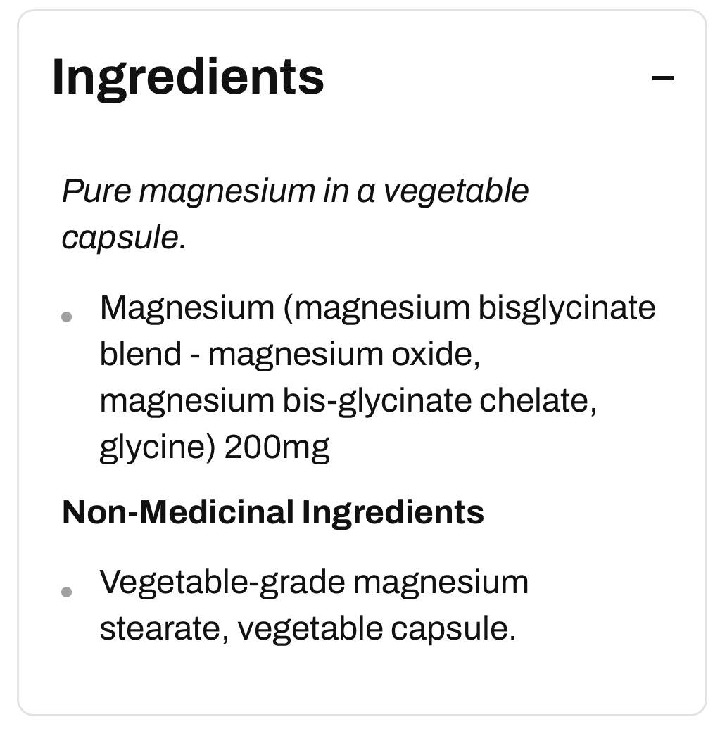 Supplement facts for CanPrev Magnesium Bis•Glycinate 200 showing 200mg magnesium per capsule from bisglycinate blend in a vegetable capsule.