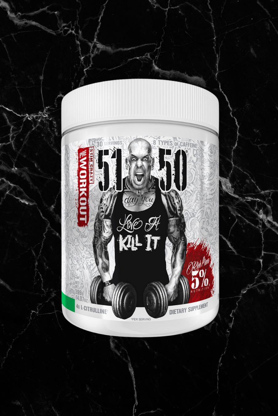 Rich Piana 5% Nutrition 5150 Pre-Workout in Green Apple flavor, featuring intense energy and pump formula in a white tub with bold branding.