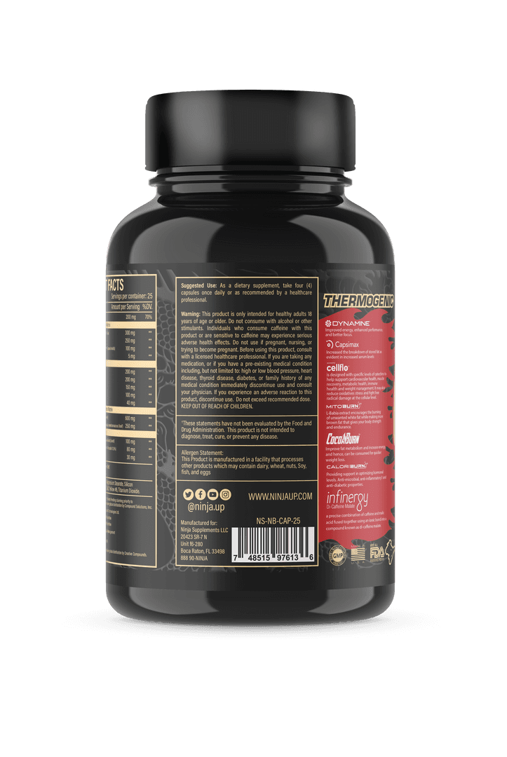 Ninja Burn fat burner bottle with ingredient details