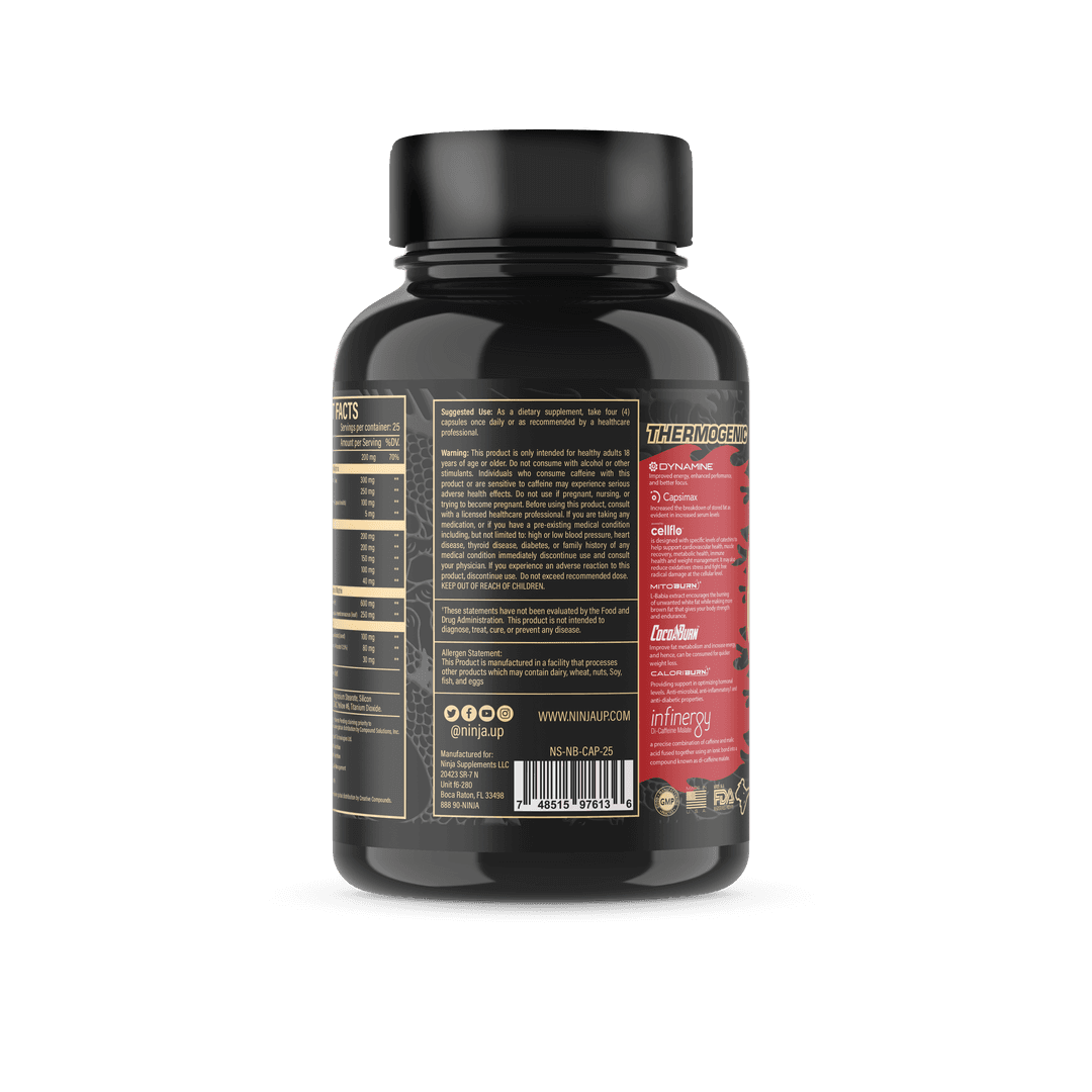 Ninja Burn fat burner bottle with ingredient details