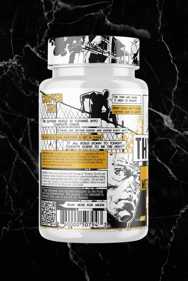Side view of Condemned Thyrogenic bottle featuring motivational text, branding elements, and QR code for more product information.