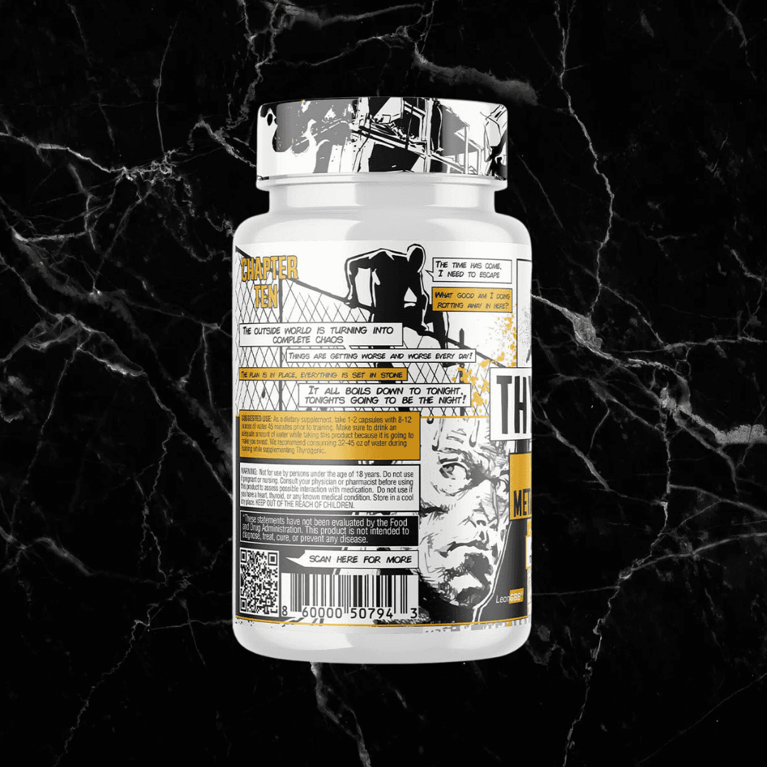 Side view of Condemned Thyrogenic bottle featuring motivational text, branding elements, and QR code for more product information.