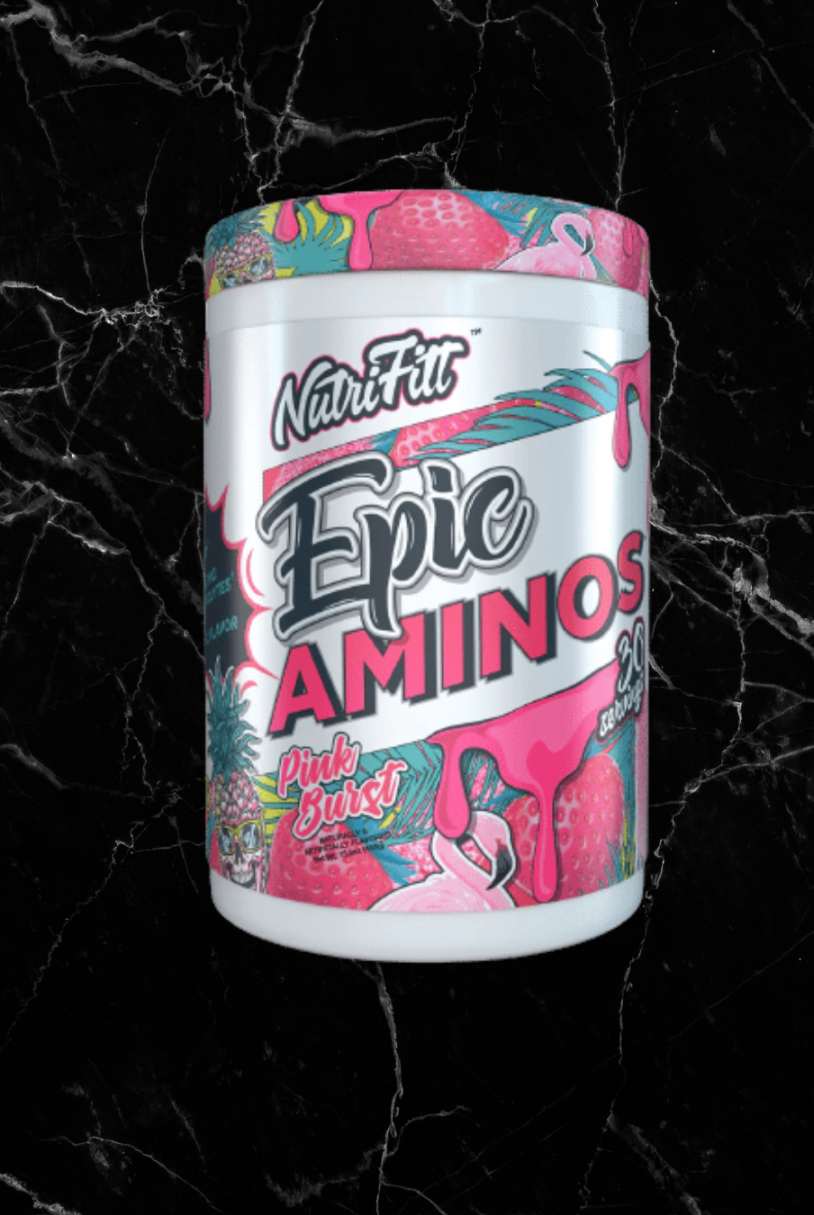 NutriFitt Epic Aminos Pink Burst EAA supplement in a vibrant tropical-themed container, ideal for muscle recovery and hydration support.
