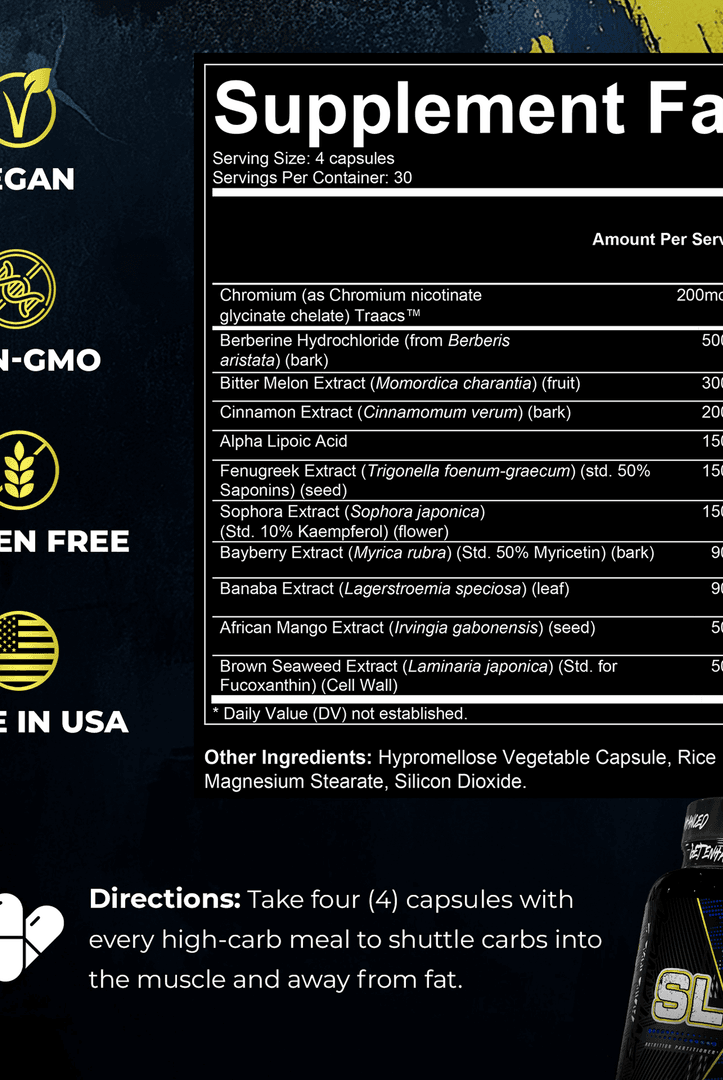 Slin Glucose Disposal - SLIN Supplement nutrition facts panel with ingredients, vegan, non-GMO, gluten-free, and made in USA certifications.