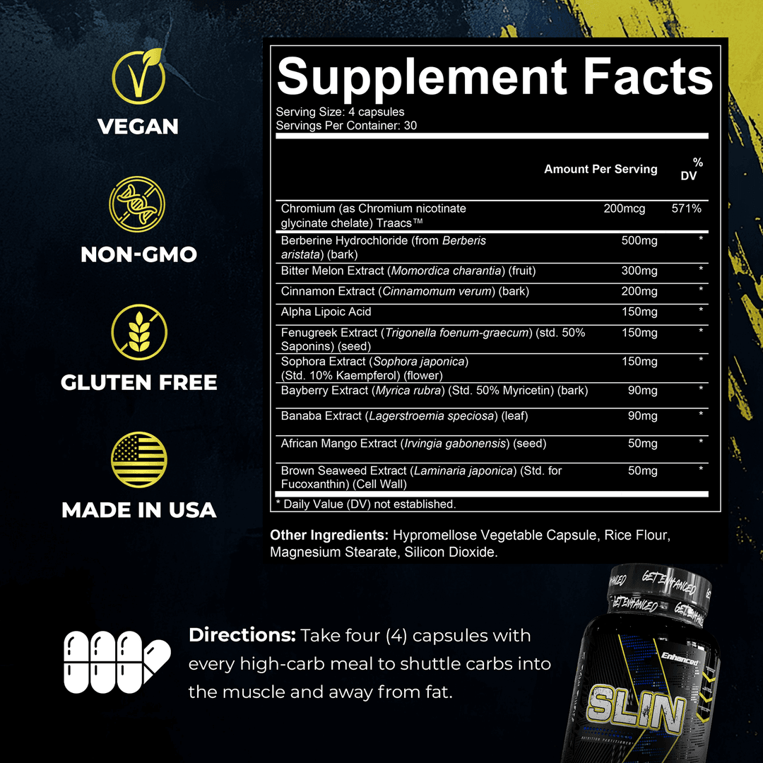 Slin Glucose Disposal - SLIN Supplement nutrition facts panel with ingredients, vegan, non-GMO, gluten-free, and made in USA certifications.