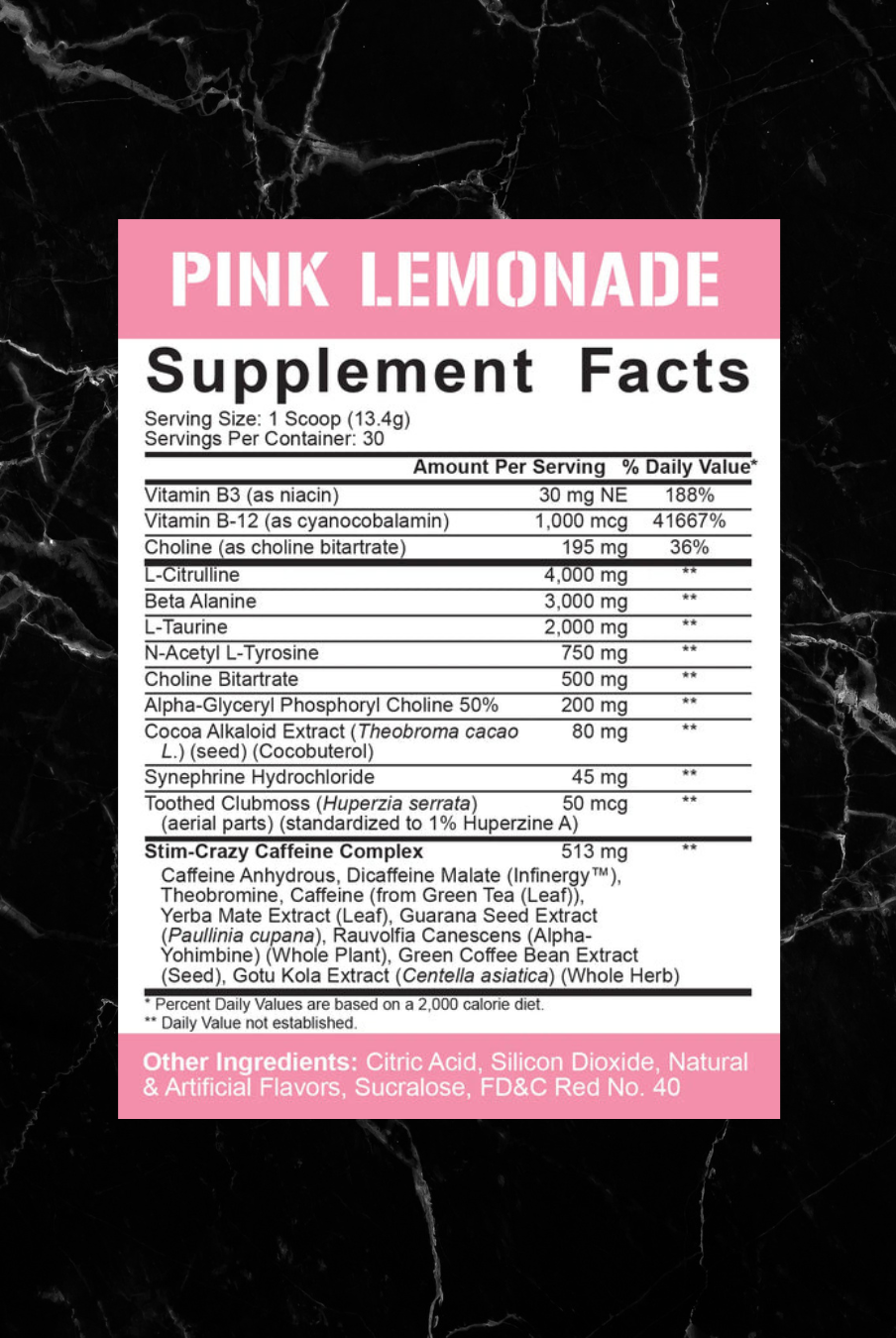 Pink Lemonade flavor supplement facts for Rich Piana 5150 Pre-Workout, listing high-stimulant ingredients and vitamin content.