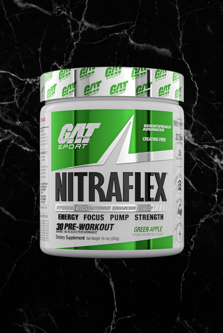 Green apple flavor GAT Sports Nitraflex Advanced Pre Workout, creatine-free high stim formula for strength and focus, 30 servings.