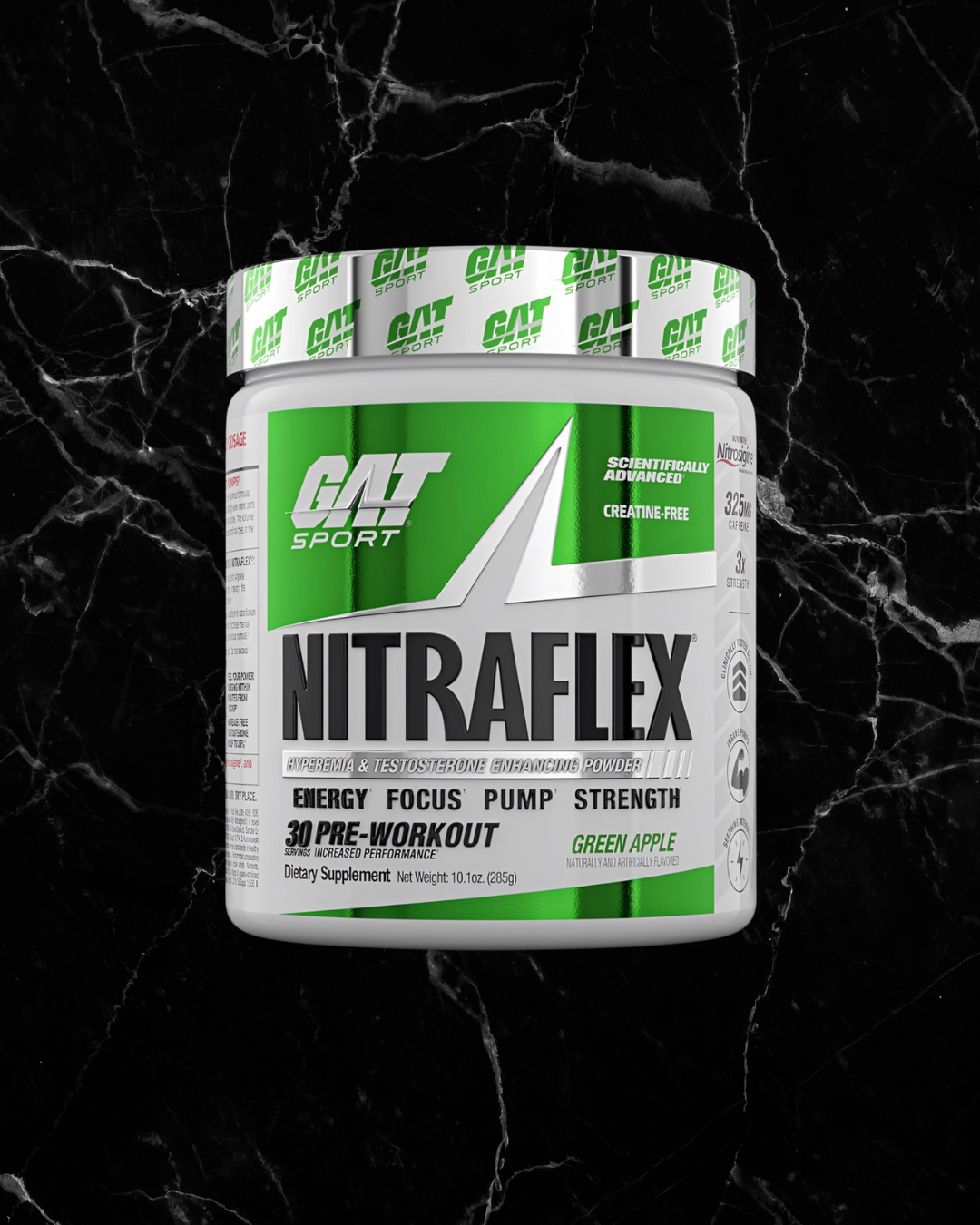 Green apple flavor GAT Sports Nitraflex Advanced Pre Workout, creatine-free high stim formula for strength and focus, 30 servings.