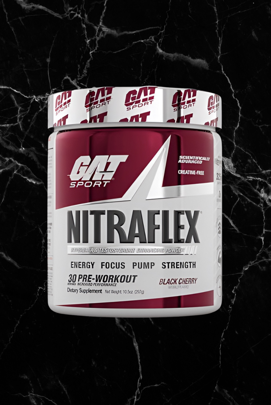 Black cherry GAT Sports Nitraflex Advanced Pre Workout, testosterone-boosting high stim supplement for intense workouts, 30 servings.