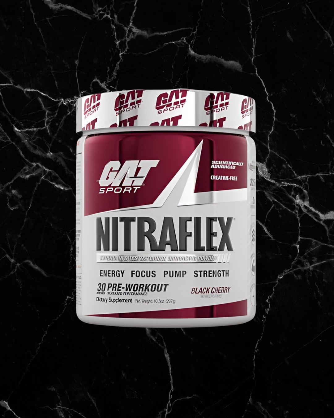 Black cherry GAT Sports Nitraflex Advanced Pre Workout, testosterone-boosting high stim supplement for intense workouts, 30 servings.