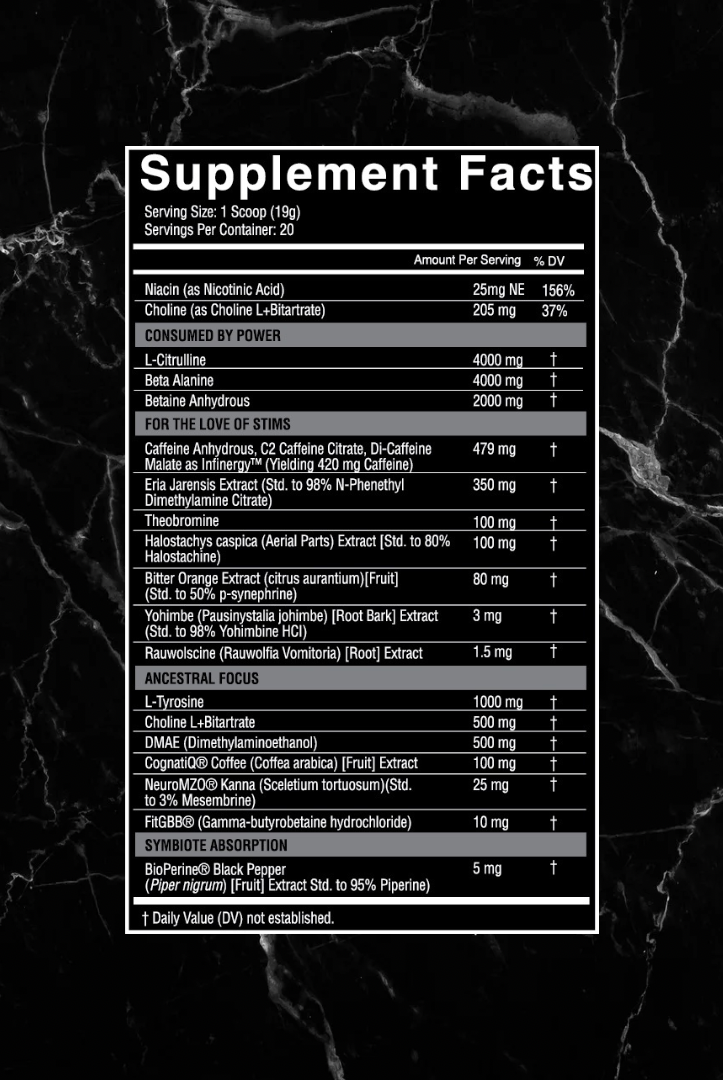 Supplement Facts label for SYMBIOTE EXTREME Pre-Workout by Nutrifitt, detailing high-stim ingredients and performance-enhancing compounds per serving.