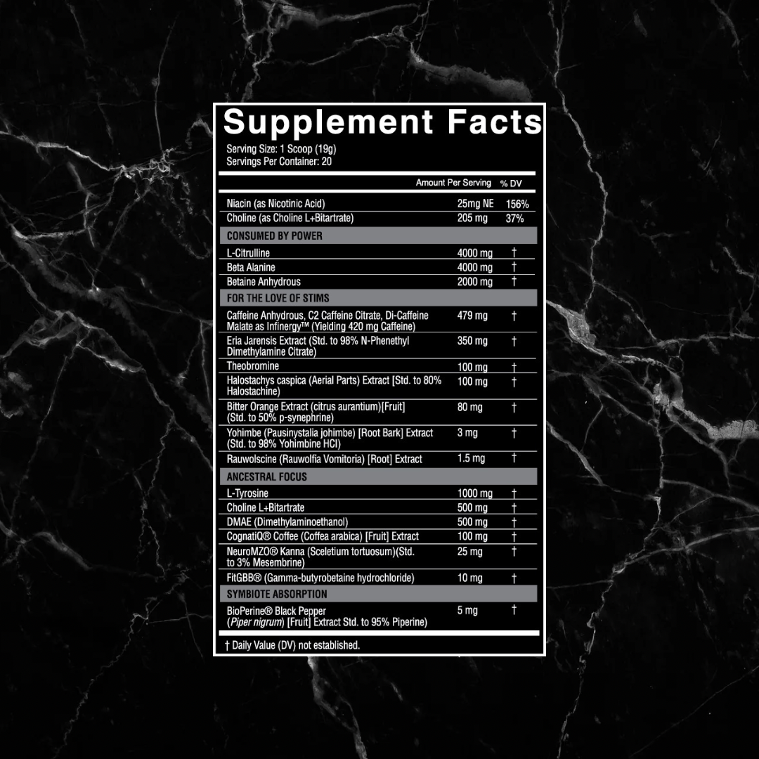 Supplement Facts label for SYMBIOTE EXTREME Pre-Workout by Nutrifitt, detailing high-stim ingredients and performance-enhancing compounds per serving.