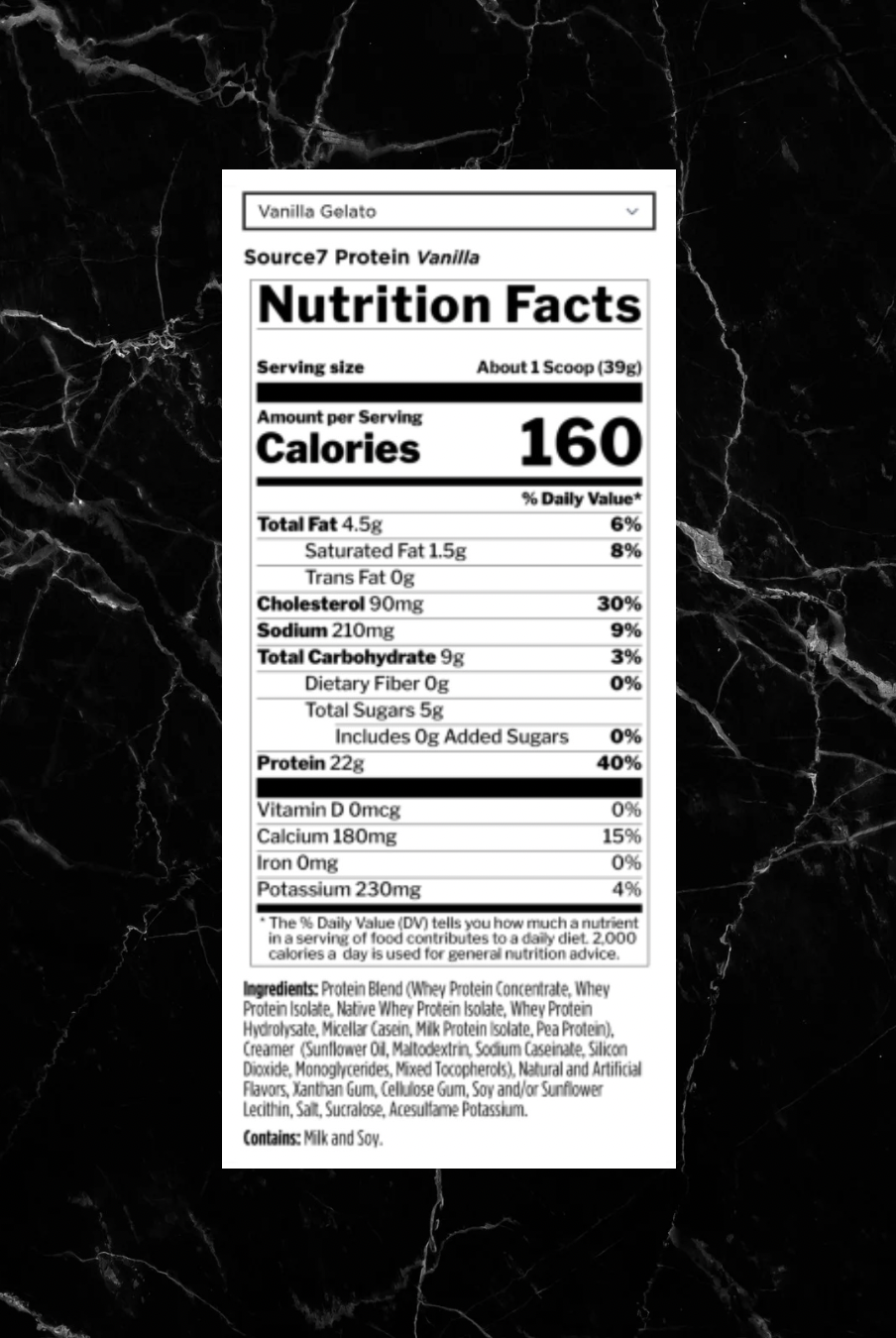 Close-up of Rule1 SOURCE 7 Protein Vanilla Gelato nutrition label, highlighting 160 calories, 22g protein, and 7 protein sources per serving.
