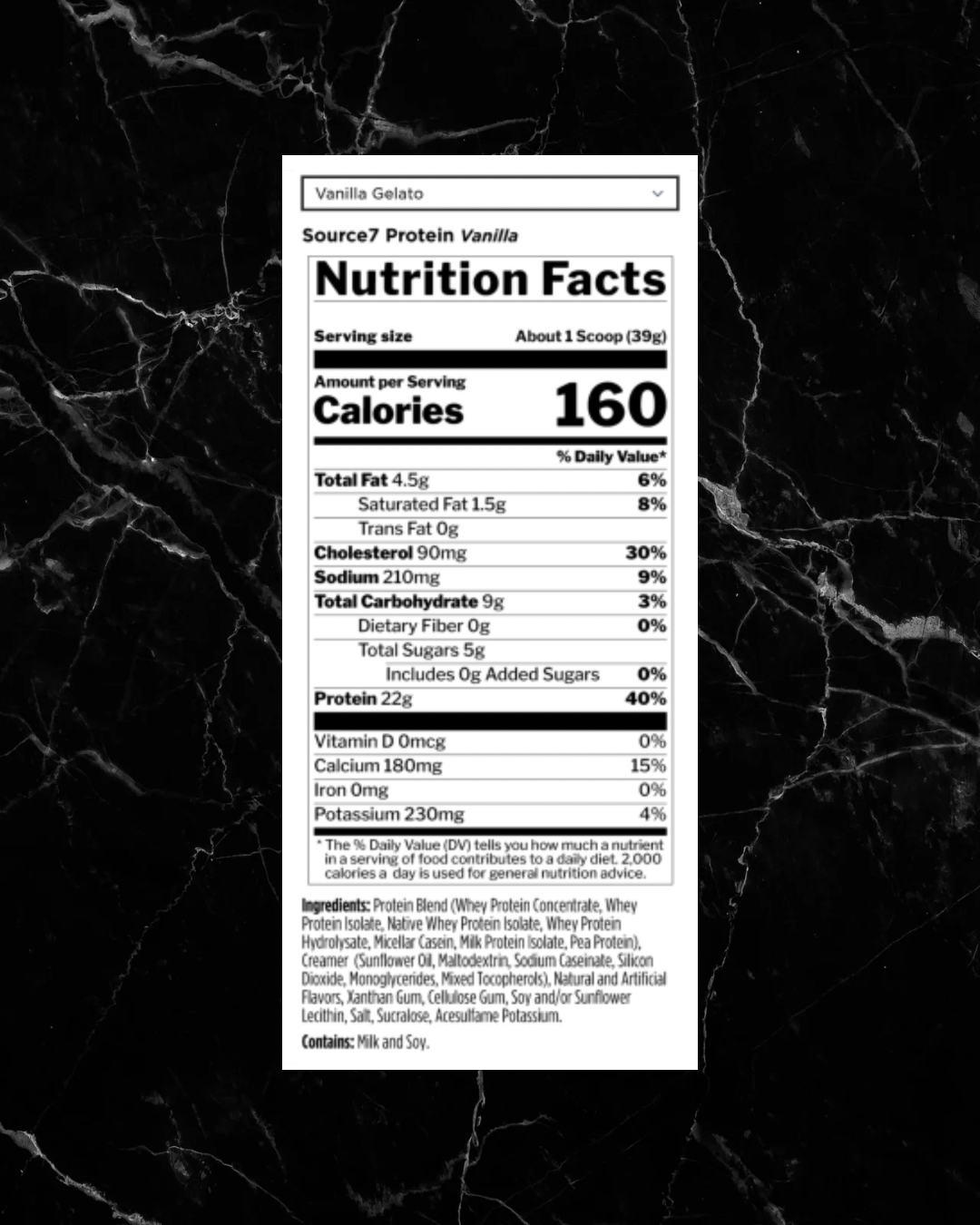 Close-up of Rule1 SOURCE 7 Protein Vanilla Gelato nutrition label, highlighting 160 calories, 22g protein, and 7 protein sources per serving.