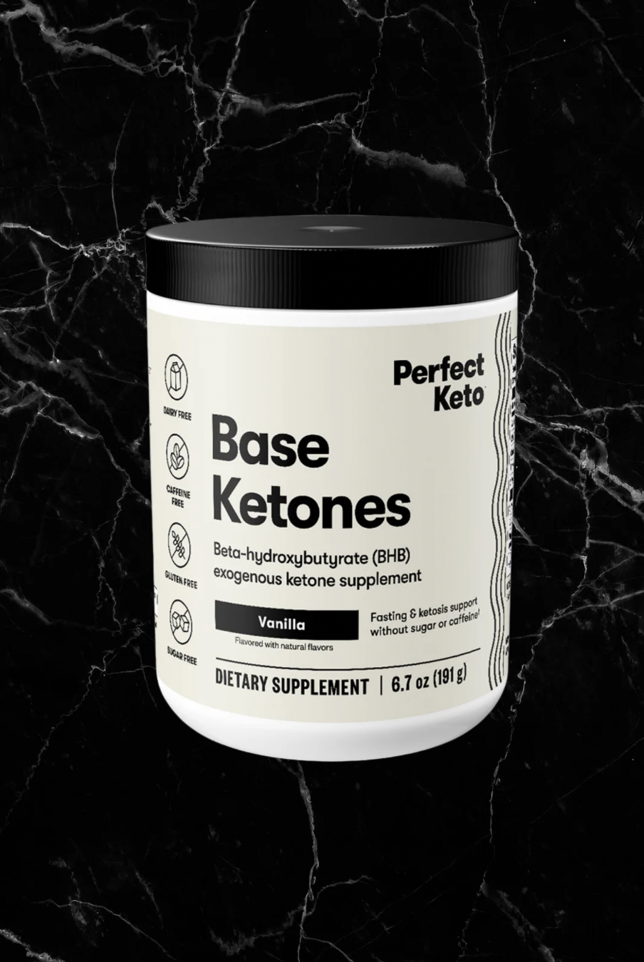 Perfect Keto Base Ketones Vanilla flavor BHB supplement, caffeine-free energy support for fasting and ketosis, gluten and dairy free.