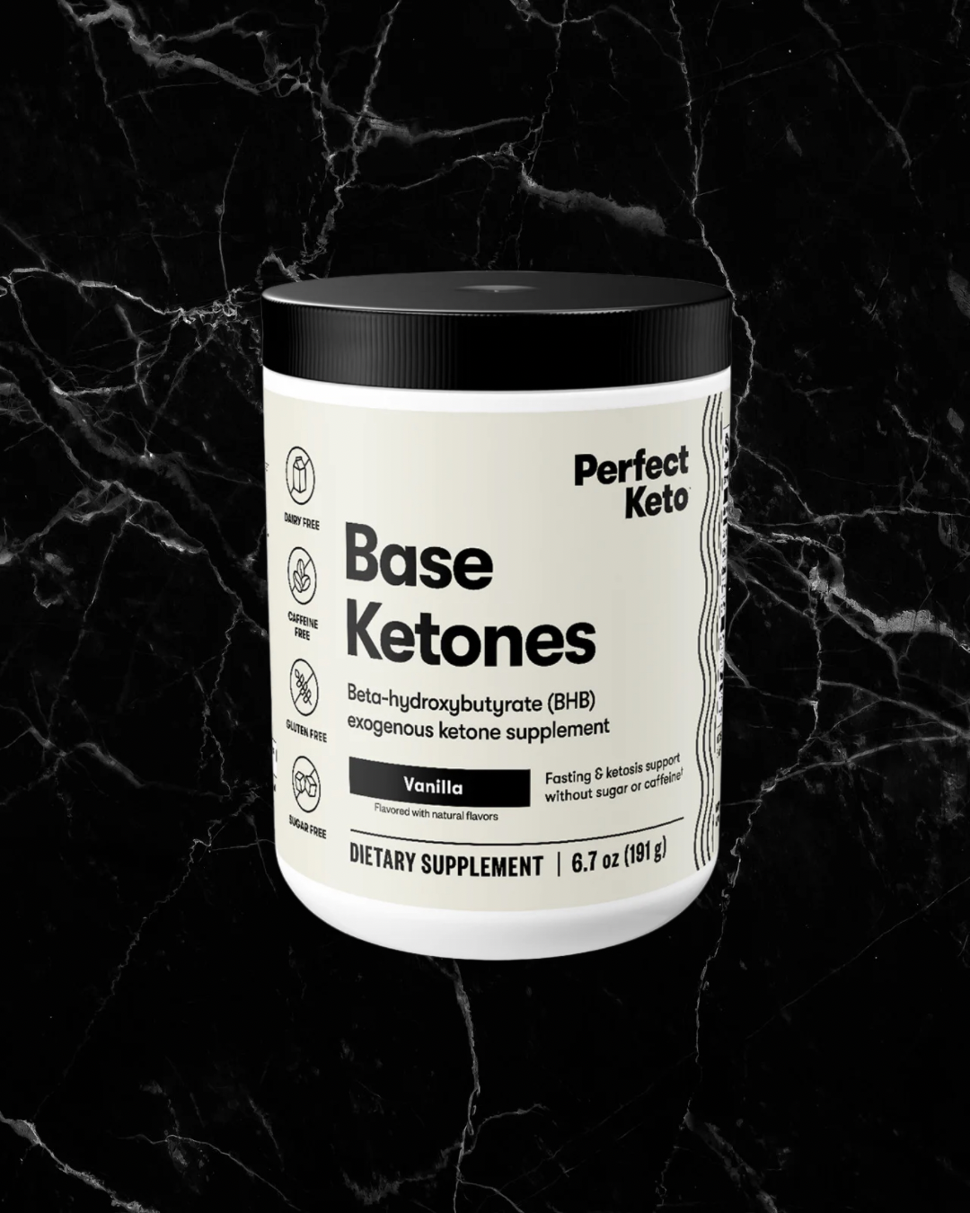 Perfect Keto Base Ketones Vanilla flavor BHB supplement, caffeine-free energy support for fasting and ketosis, gluten and dairy free.