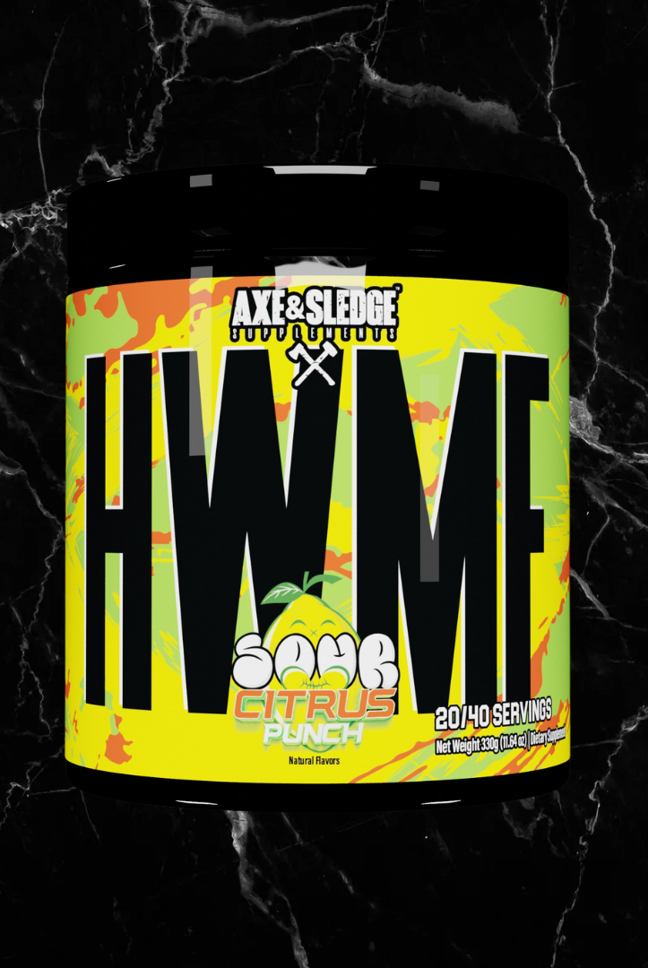Axe & Sledge HWMF Pre Workout Sour Citrus Punch flavor, a high stim supplement with 400mg caffeine for intense performance and mental clarity.