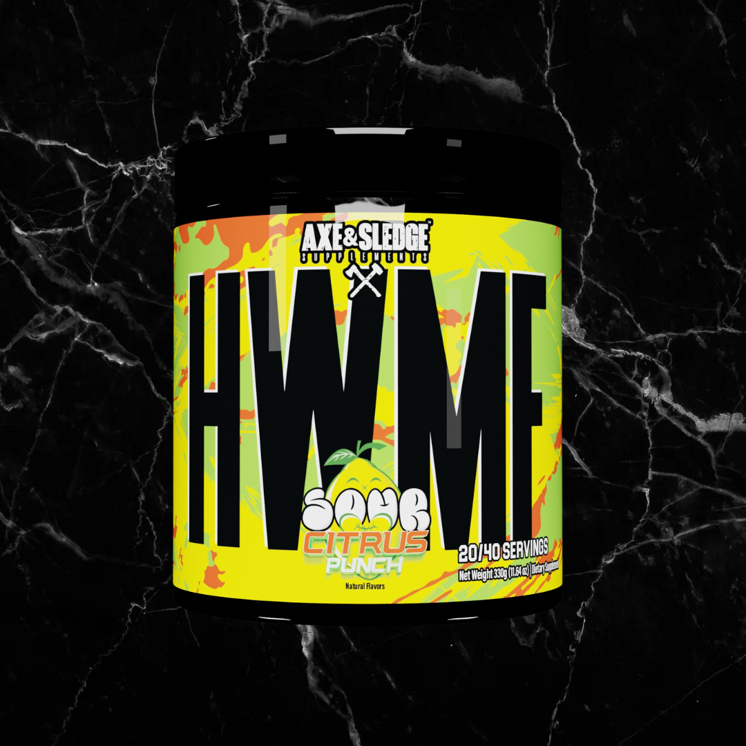 Axe & Sledge HWMF Pre Workout Sour Citrus Punch flavor, a high stim supplement with 400mg caffeine for intense performance and mental clarity.