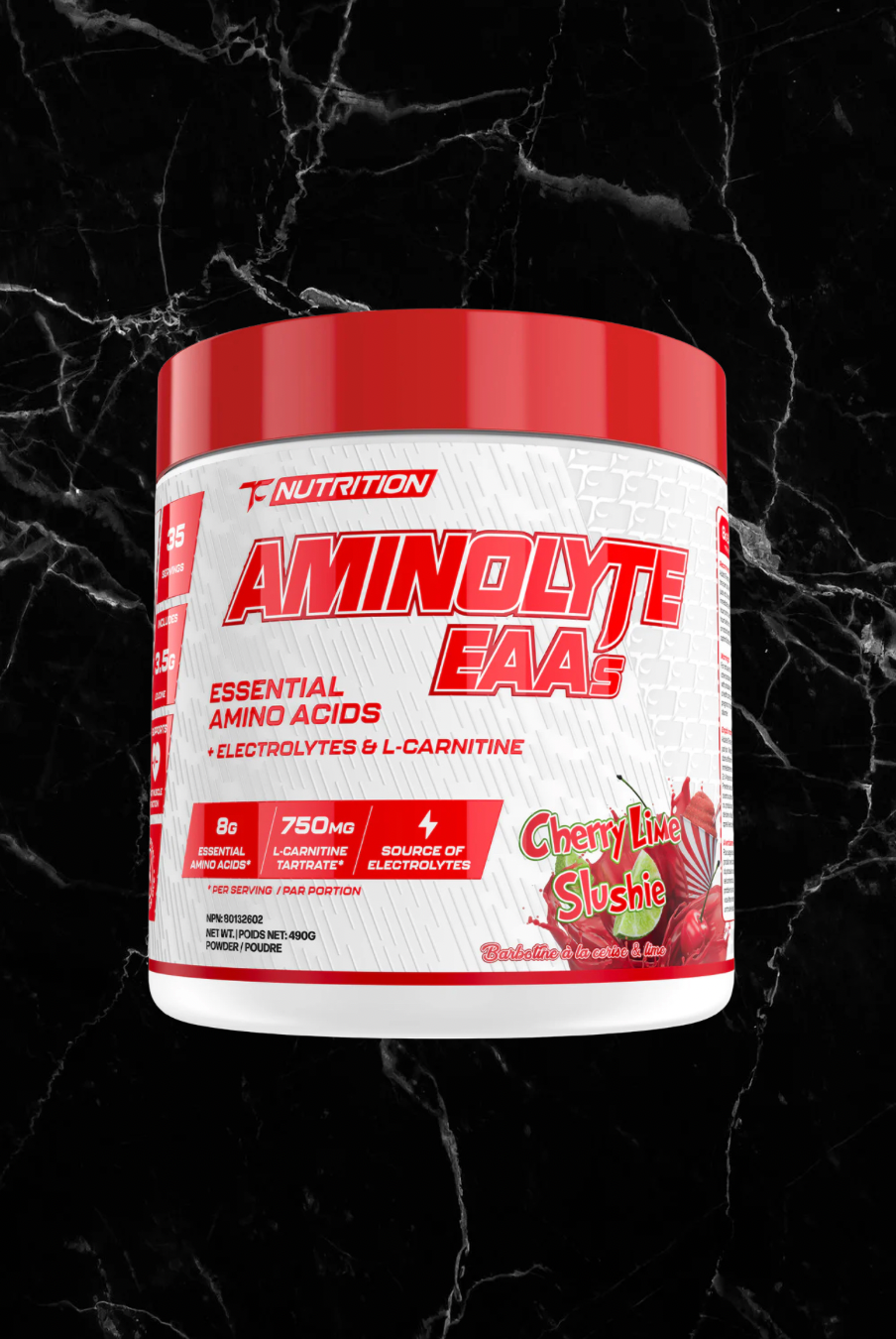 TC Nutrition Aminolyte EAAs Cherry Lime Slushie flavor featuring 8g EAAs, 750mg L-carnitine, and 4 electrolytes for fitness hydration.