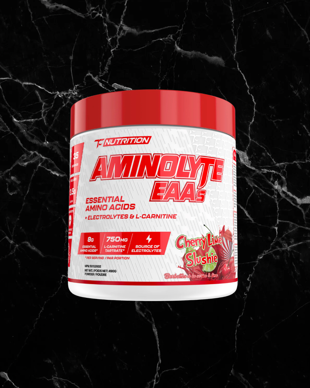 TC Nutrition Aminolyte EAAs Cherry Lime Slushie flavor featuring 8g EAAs, 750mg L-carnitine, and 4 electrolytes for fitness hydration.