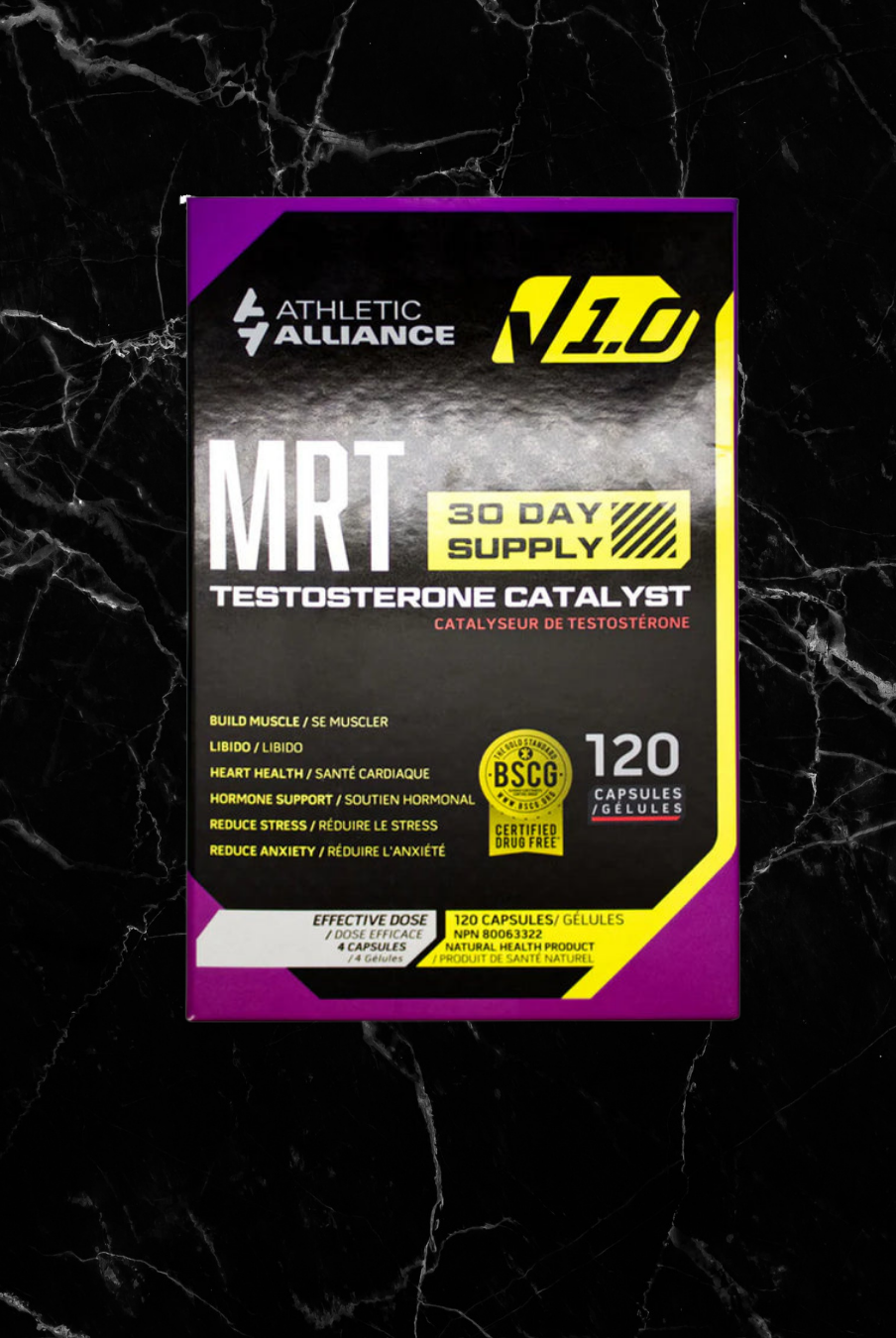 Athletic Alliance MRT bulk gain supplements box with 120 capsules for testosterone support and muscle growth. Designed for 30-day supply use.