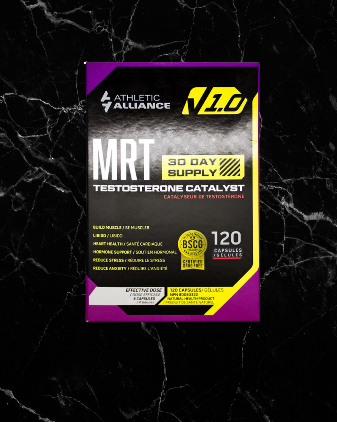 Athletic Alliance MRT bulk gain supplements box with 120 capsules for testosterone support and muscle growth. Designed for 30-day supply use.