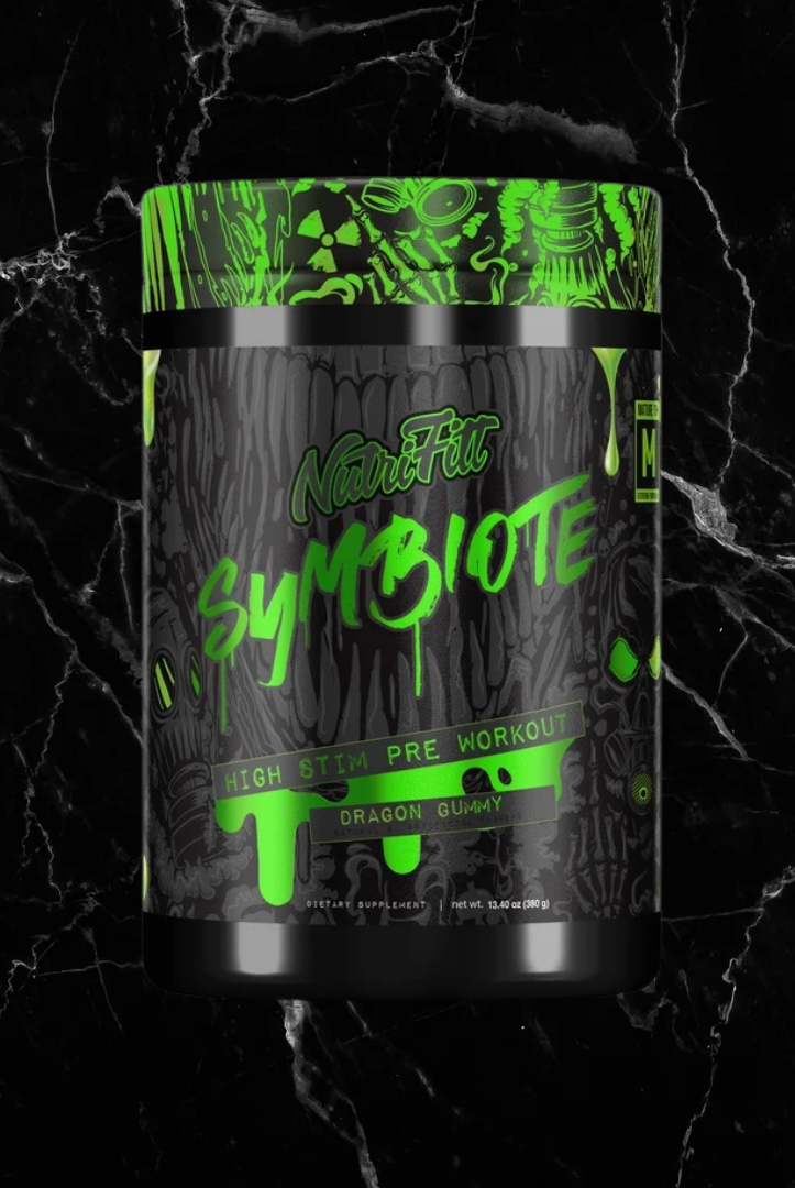 SYMBIOTE EXTREME Pre-Workout by Nutrifitt in Dragon Guava flavor, featuring a neon green and black high-stim formula for peak performance.