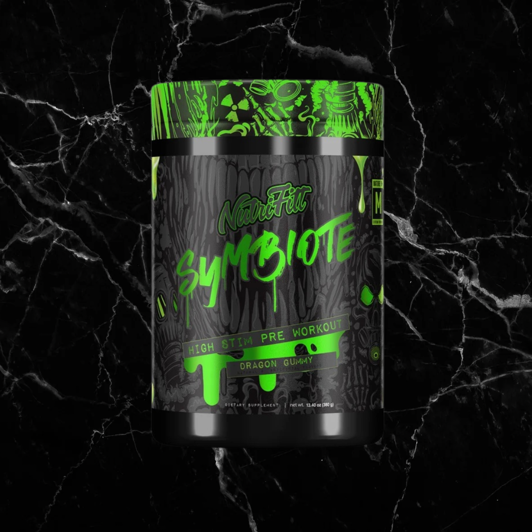 SYMBIOTE EXTREME Pre-Workout by Nutrifitt in Dragon Guava flavor, featuring a neon green and black high-stim formula for peak performance.