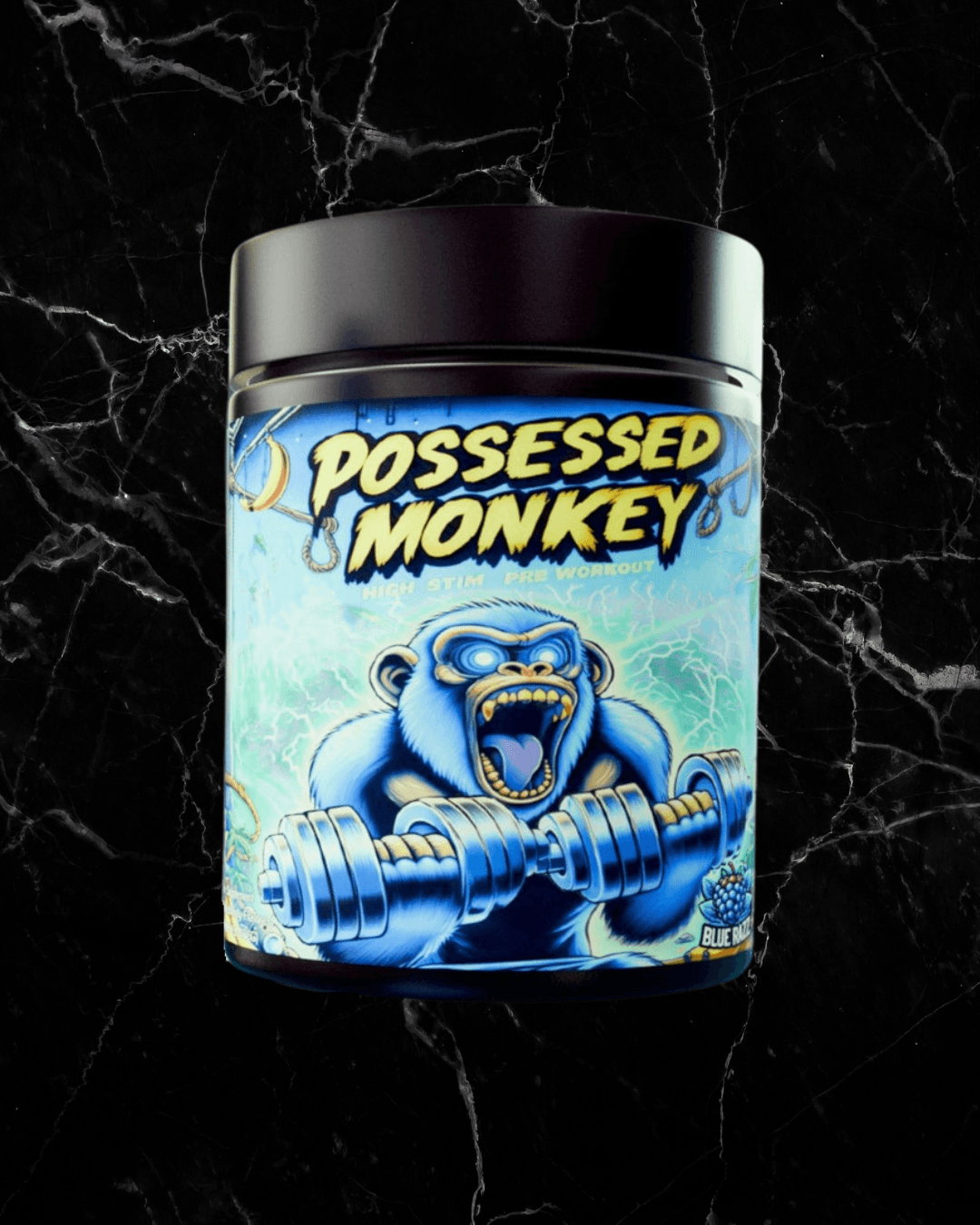 Possessed Monkey Pre-Workout - Boost Energy & Focus | No Additives, high stim supplement in Blue Razz flavor with intense gorilla branding.