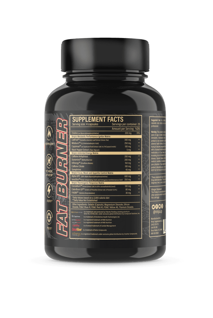 Ninja Burn fat burner bottle showing supplement facts