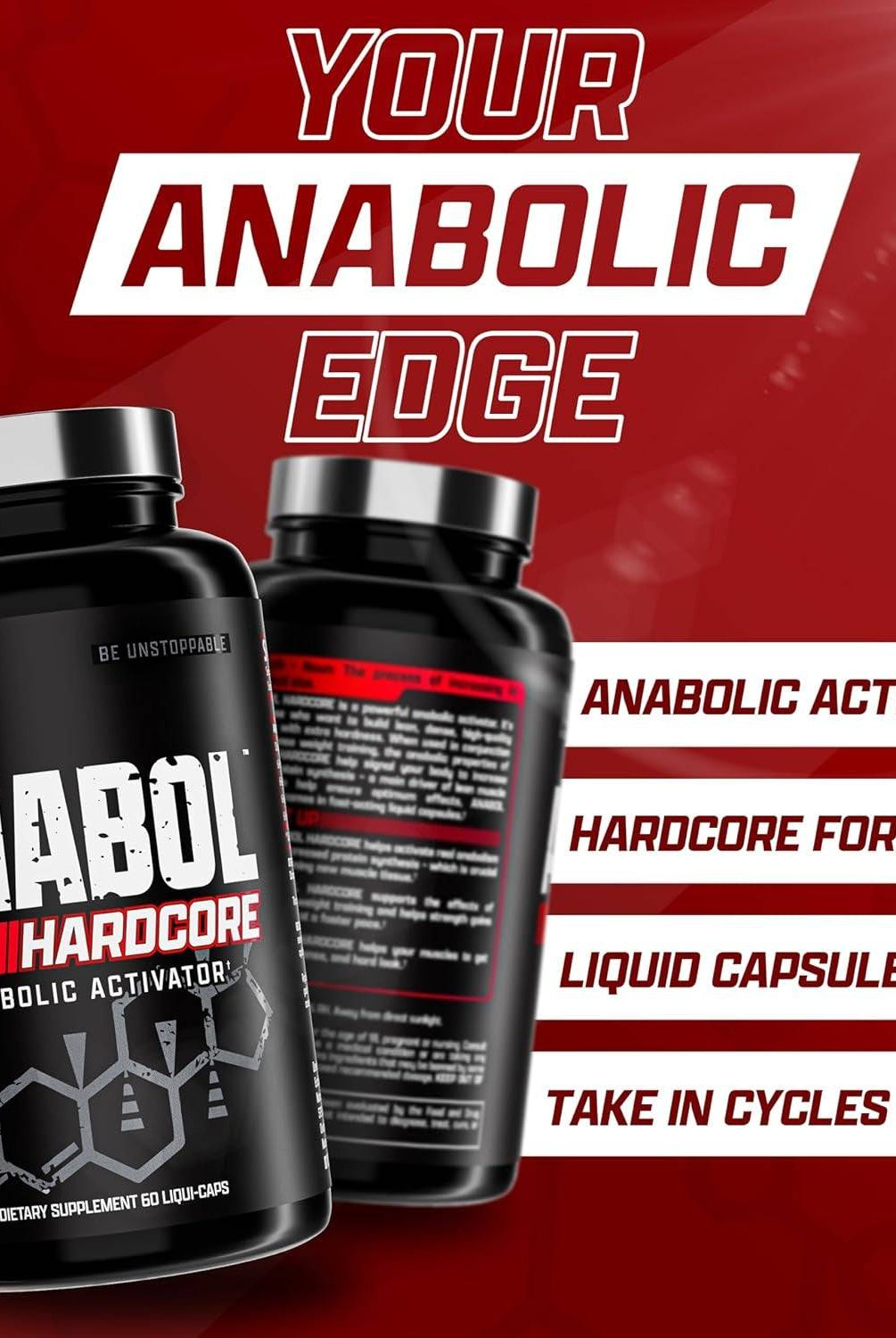 Nutrex Hardcore Anabol Supplement promotional graphic highlighting anabolic activator, hardcore formula, liquid capsules, and cycle usage.