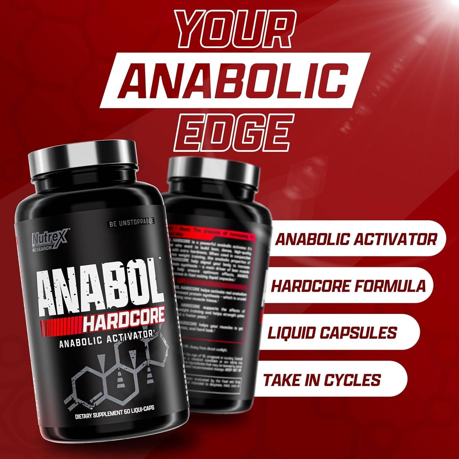 Nutrex Hardcore Anabol Supplement promotional graphic highlighting anabolic activator, hardcore formula, liquid capsules, and cycle usage.