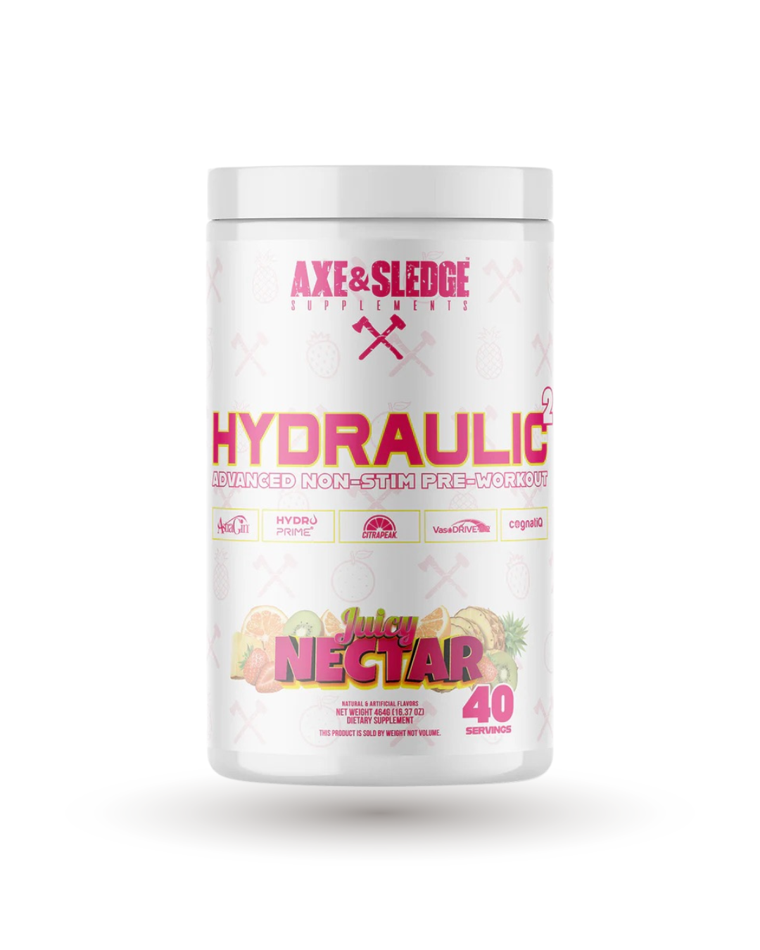 Axe Sledge Hydraulic V2 Juicy Nectar flavor pre-workout with Hydroprime and Astragin, designed for non-stimulant pump and performance boosts.